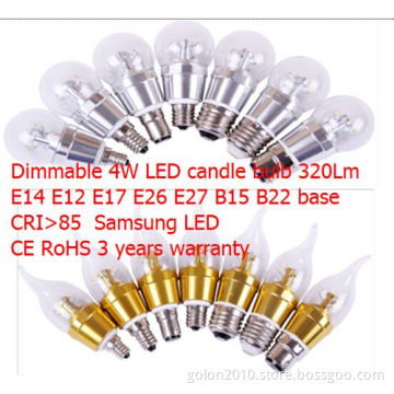 4W LED Candle Bulb Light Dimmable, E12 E14 E27 E17 E26 B15 B22,